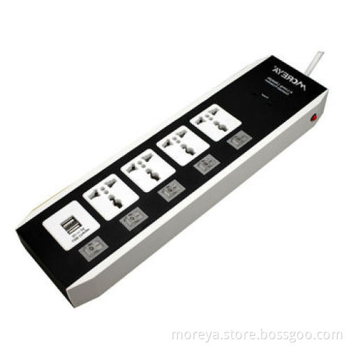 Universal standard power strip with 4 individual-control socket outlets + 2 USB plugs, ABS casing
